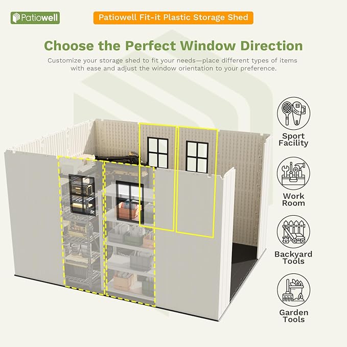 Patiowell 8 x 10 FT Resin Outdoor Storage Shed with Floor and Light, Large Plastic Barn with Lockable Door for Garden Tools, Backyard, Bike Storage, Easy Installation in Beige (Kick-it Shed)-VerdiqueGarden