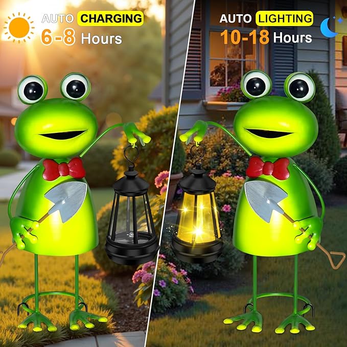Solar Garden Lights Frog Statue with Solar Lantern lights,13.78in Frog Decoration Fairy Accessories,Birthday Gifts for Women Mom Grandma,Big Metal Decorative Stakes for Home decor,Patio,Porch,Yard Art-VerdiqueGarden