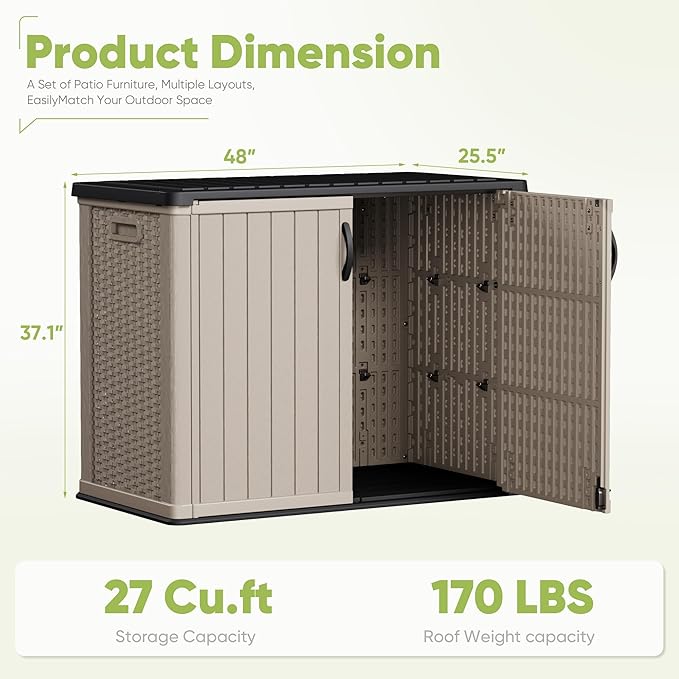 Devoko Outdoor Storage Cabinet 26 Cu Ft with Lockable Doors, Horizontal Storage Shed Waterproof Patio Tools Storage Box for Sofa Cushions, Gardening Tools and Accessories (Beige)-VerdiqueGarden