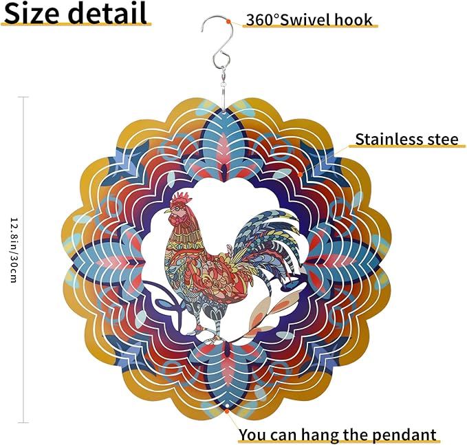 Outdoor Chicken Decoration Wind Spinner Sculpture Art,Metal Clearance Ornament, Chicekn Themed Gifts for Women Rooster Lover,Yard Garden Toy,Hanging Windsock-VerdiqueGarden