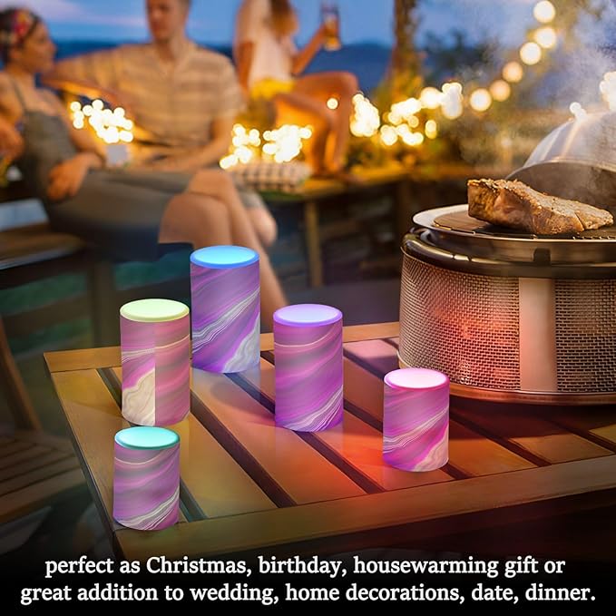 Flickering Flameless Candles, Fuchsia Gold Fluid Marble LED Candles with Remote Timer, Set of 2 Battery Operated Candle for Valentine Wedding Birthday-VerdiqueGarden