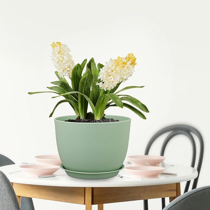 12 inch Big Plant Pots, Plastic Planters with Drainage Holes and Trays, Flower Pots for Indoor Outdoor Plants, Modern Decorative Pots for Garden House Plants, Green-VerdiqueGarden