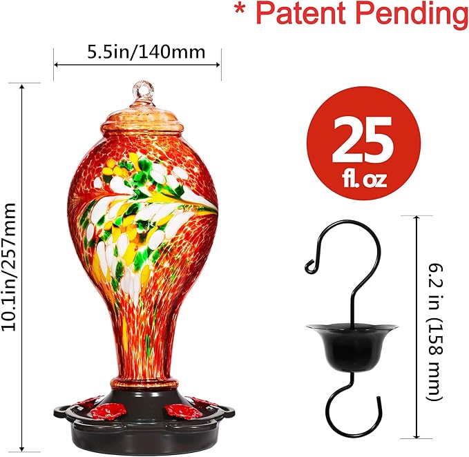 LUJII Hummingbird Feeder for Outdoors, Hand Blown Glass Humming Bird Feeder, Anti Fade Leakproof with 25 Ounces Nectar Capacity, Easy to Install Clean Refill, Include Hook & Ant Moat (Red)-VerdiqueGarden