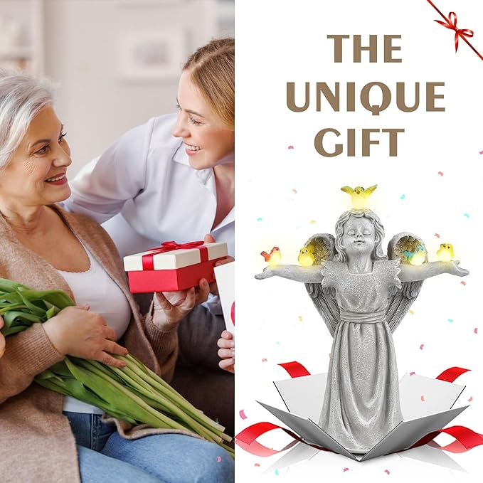 MININOVA Solar Angel Garden Statue with Birds Outdoor Solar Light Decorations Resin for Yard Patio Porch Balcony Housewarming Birthday Gifts for Women-VerdiqueGarden