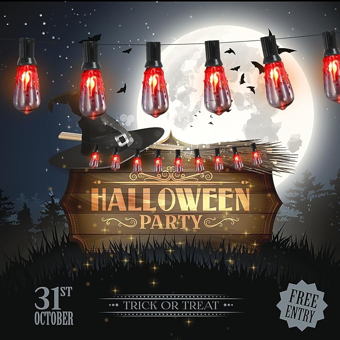 10FT Halloween String Lights Outdoor with 11 ST40 Flame Bulbs (1 Spare), Plug in Halloween Flaming Blood Drop Light Strings UL Listed for Patio, Backyard, Halloween, Party Decoration, E17 Base-VerdiqueGarden
