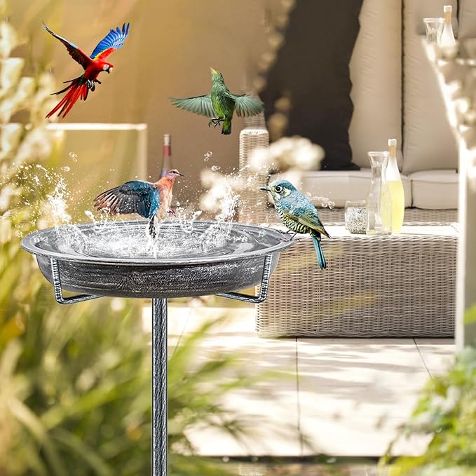 Metal Bird Bath for Outdoors Garden Birdbath Bowl, 36.2" Height Freestanding Bird Feeders for Outside with 4 Prongs Base Stake, Standing Birdfeeders for Yard Lawn Decor (Retro Silver)-VerdiqueGarden