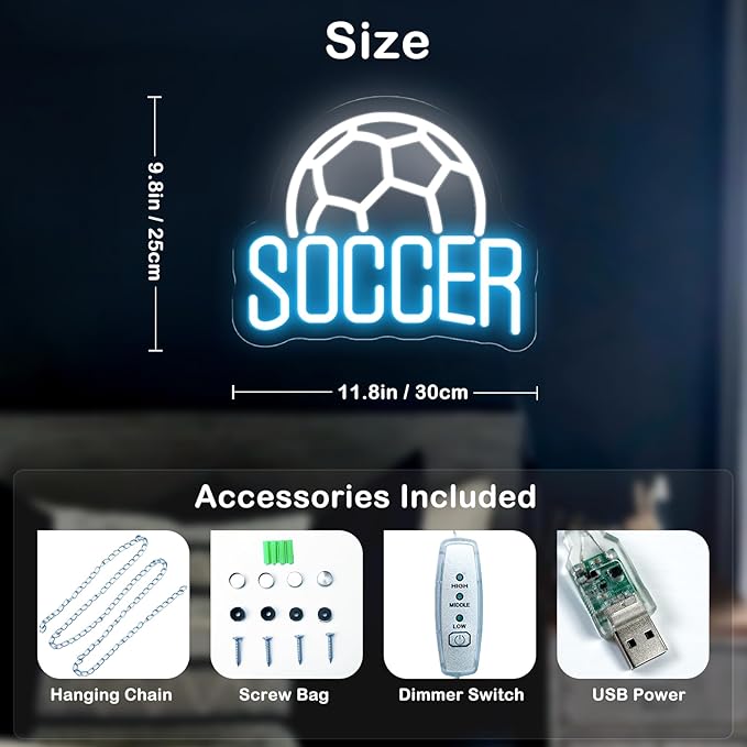 Soccer Neon Sign Dimmable LED Neon Signs for Wall Decor, Football Neon Light Sign for Bedroom Man Cave Gaming Room Party College Club Decor Sports Soccer Players Lover Gifts-VerdiqueGarden