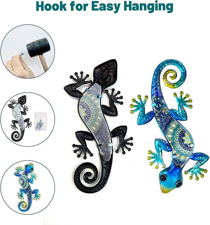 HONGLAND Metal Gecko Wall Art 2Pcs Outdoor Wall Decor Lizard Metal Hanging Wall Decoration Glass Sculpture for Garden Yard Patio Fence Home (Blue)-VerdiqueGarden