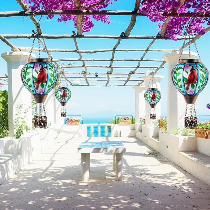 Starsoul Cardinal Hot Air Balloon Solar Flickering Flame with Candle Holder Outdoor Solar Lantern Hot Air Balloon Solar Light Waterproof Hanging Solar Balloon Lamp Garden Patio Yard Decor-VerdiqueGarden