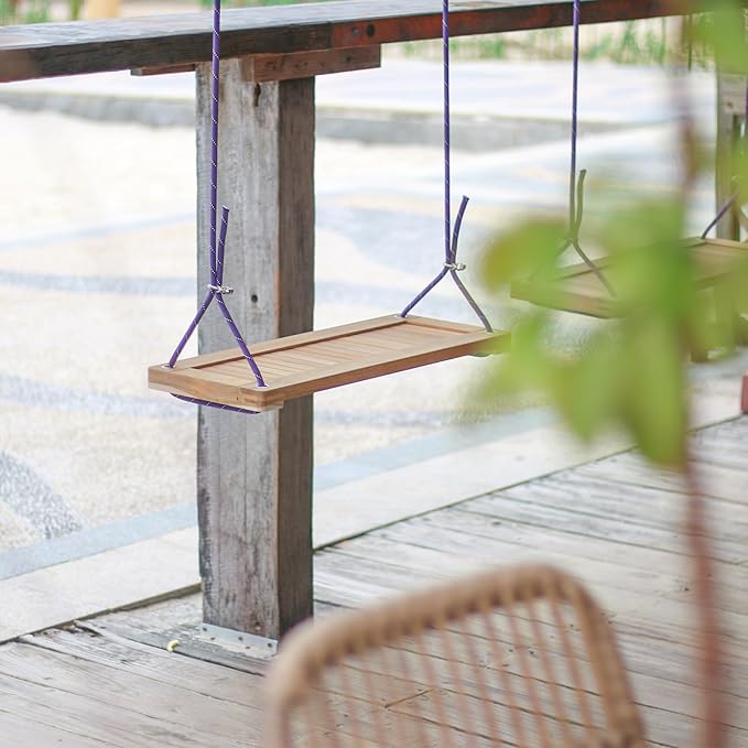 Teak Wooden Swing, Outdoor Wood Tree Swing Seat for Kids or Adults for Backyard Columpio, Height Adjustable (19.8x9inch)-VerdiqueGarden
