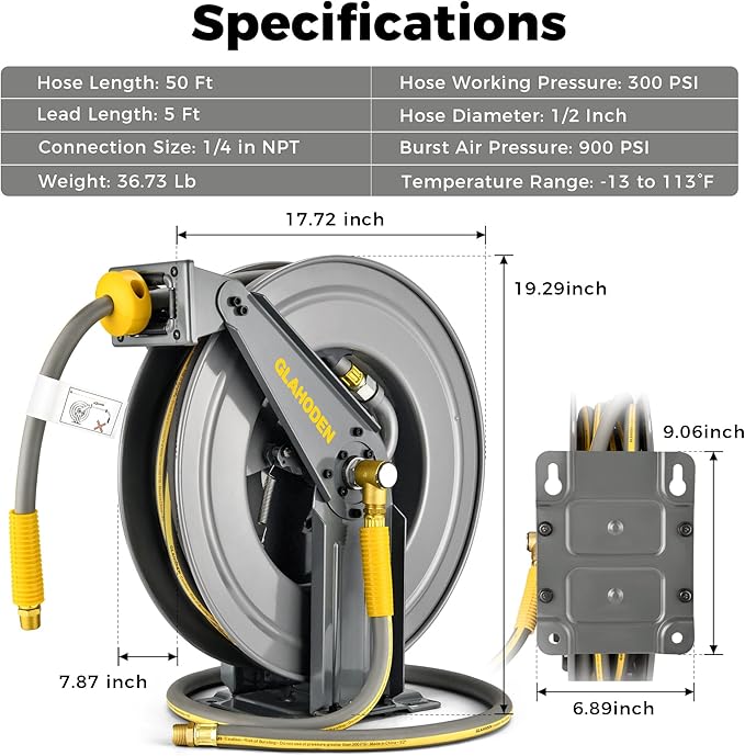 Double Arm Air Hose Reel 50 ft Retractable, 1/2 in Hybrid Hose Heavy Duty Steel Professional Air Compressor Hose Reel with 5 ft Lead in Max 300PSI Auto Rewind Quick Coupler Swivel Fitting-VerdiqueGarden