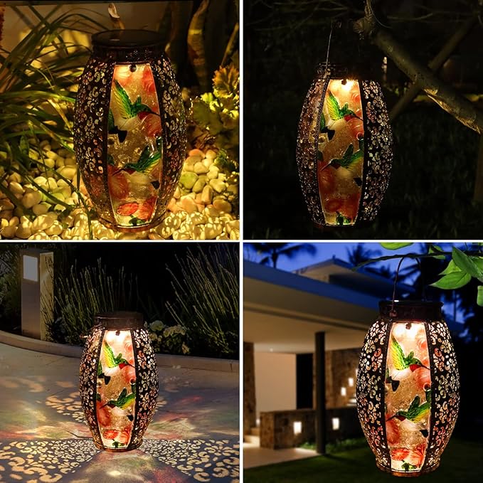 Solar Lanterns Outdoor Light - Solar Powered LED Hummingbird Glass Lights Decorative Waterproof Tabletop Lamp with Hollowed-Out Design for Indoor Yard Table Patio Garden Pathway Holiday-VerdiqueGarden