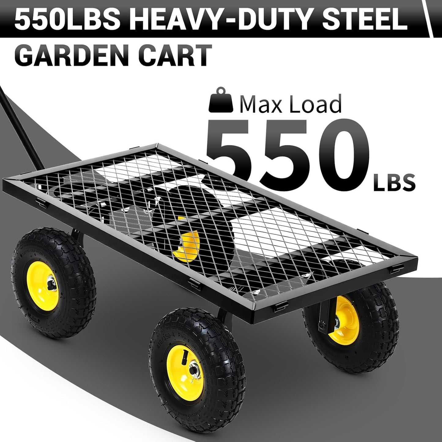 Heavy Duty Steel Garden Cart, 550LBS Pullable Metal Garden Wagon with 10" Wheels, 180° Rotating Handle and Removable Sides for Outdoor, Farm, Yard, Beach -VerdiqueGarden