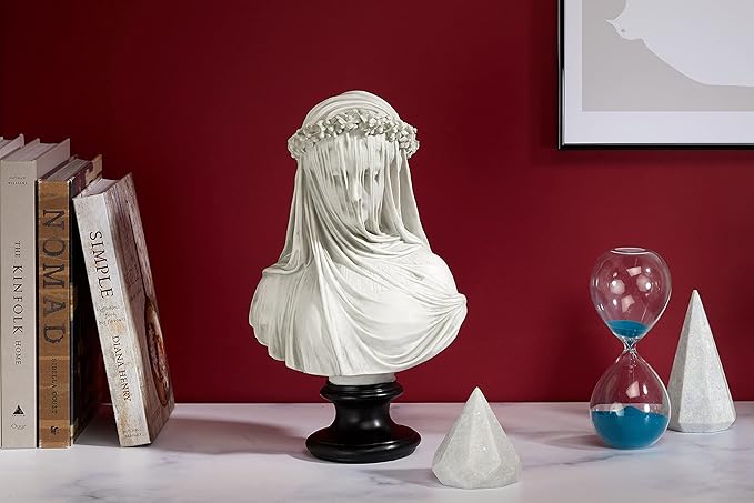Design Toscano Veiled Maiden Indoor Bust Statue, 9 Inch Wide, 14 Inch Tall, Cast Stone Resin, Antiqued White Finish with a Black Painted Base-VerdiqueGarden