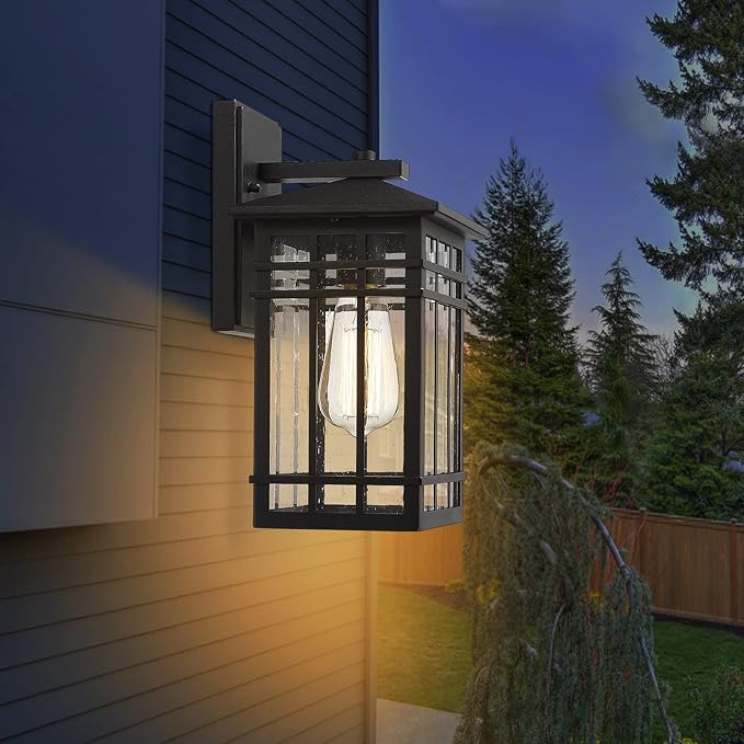 Outdoor Wall Lantern, Exterior Light Fixture Mount, 1-Light Waterproof Lighting With Seeded Glass for Porch, Garage, Patio, Hallway, Entryway, Black-VerdiqueGarden