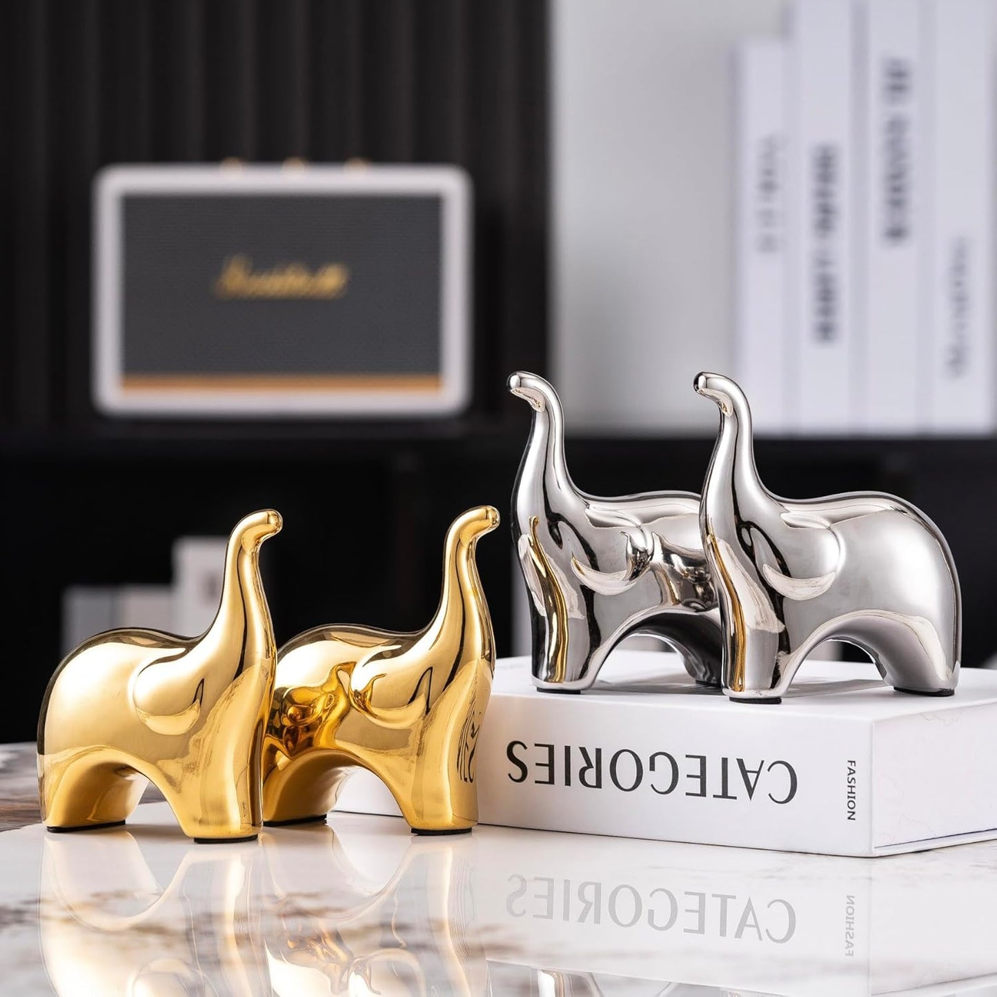 Loving Pair of Small Cute Silver Elephant Statues Silver Home Decor Modern Boho Style Figurine Decorative Ornaments for Living Room, Bedroom, Office Desktop, Cabinets, Shelf-VerdiqueGarden