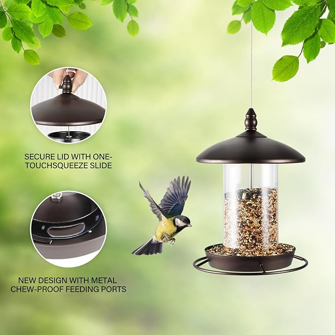 Metal Bird Feeder for Outside Hanging,Wild Bird Feeders for Cardinal, Large Roof and Tray - 6 Port-VerdiqueGarden