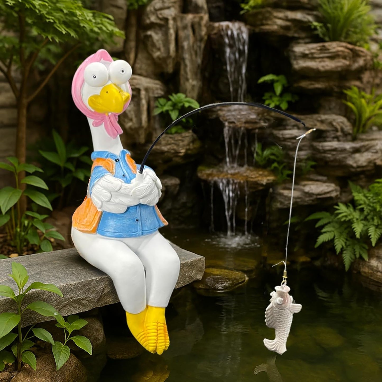 Chicken Fishing Statue Garden Decor – 9.8" Weatherproof Resin Chicken Fishing Sculpture Decor for Fish Ponds, Koi Ponds, Waterfalls, Poolside/Outdoor Gardens– Resin Figurine for Indoor/Outdoor Décor-VerdiqueGarden