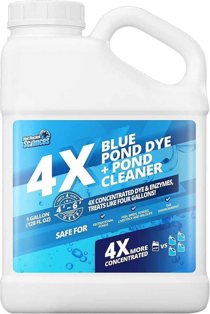1 Gallon 4X Blue Pond Dye + Pond Cleaner, Blue Dye for Ponds and Lakes, 2-in-1 Lake Colorant + Enzymes, Makes Murky Water Clean & Beautiful, Keeps The Water Cool, Clear, and Ideal for Fish & Wildlife-VerdiqueGarden