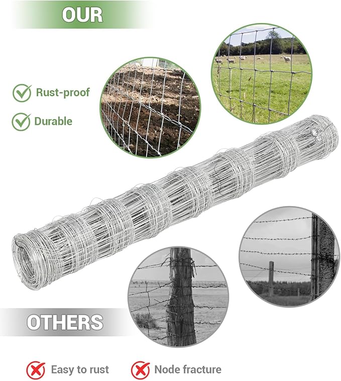 9GA Thickened Heavy Duty Cattle Farm Fence, 4ft x 164ft Galvanized Goat Deer Fence, Heavy Zinc Coating Hog Wire Fencing for Farm Livestock Animals Protection-VerdiqueGarden