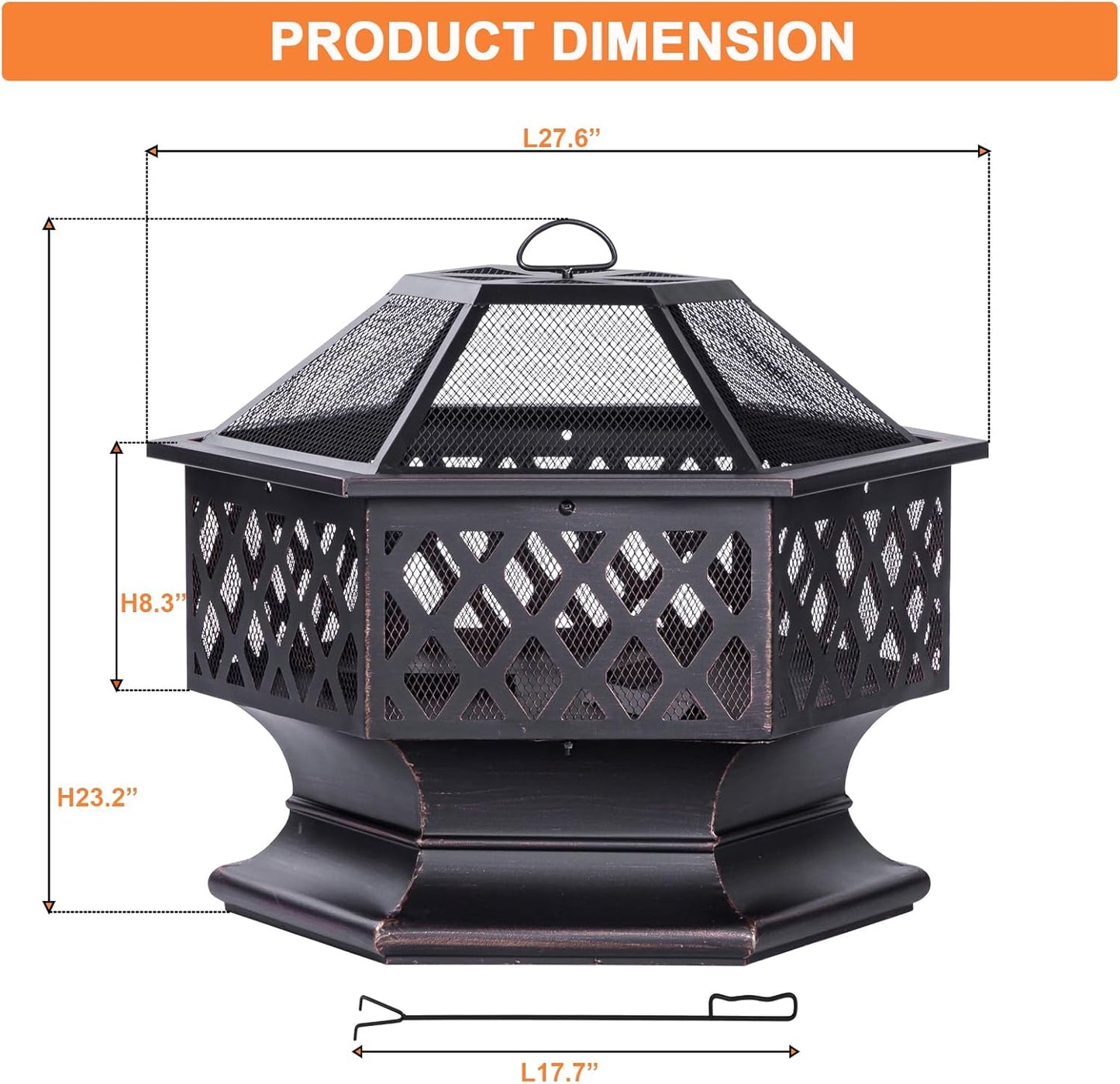 28Inch Outdoor Fire Pit, Hexagon Shaped Wood Burning Firepit for Outside Bonfire, Patio, Backyard and Camping (Antique Bronze)-VerdiqueGarden