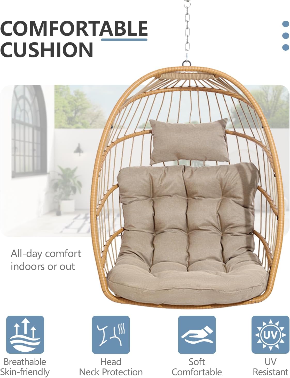 SWITTE Egg Chair Outdoor with Stand, Indoor Wicker Hanging Egg Swing Chair with Cushion, 350lbs Capacity for Patio, Bedroom, Garden - Cream-VerdiqueGarden