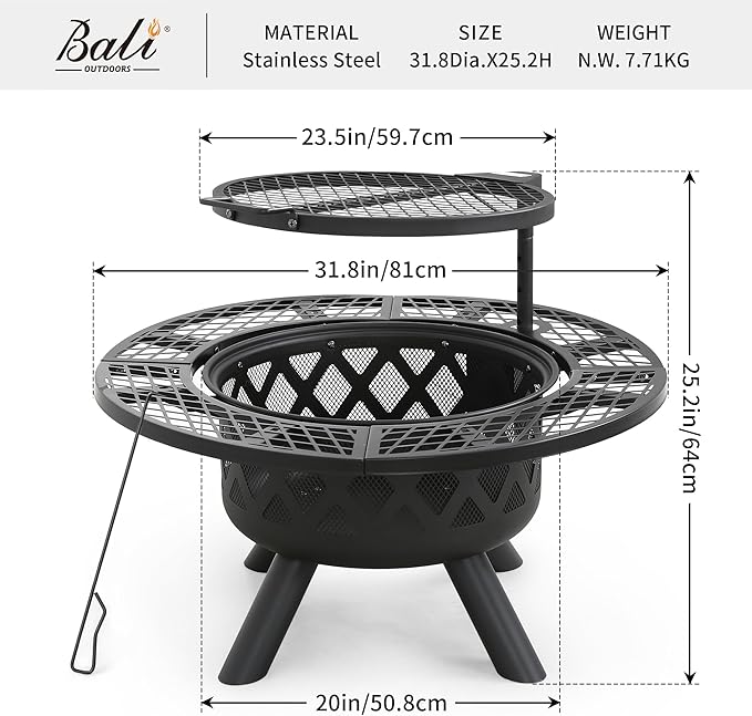 BALI OUTDOORS Fire Pit with Poker, 32 inch Outdoor Fire Pit Patio, Wood Burning Firepits for Outside with Grill-VerdiqueGarden