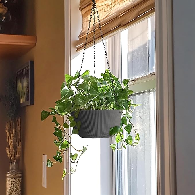T4U 8 Inch Hanging Planters for Indoor Outdoor Plants, Self Watering Hanging Pot Pack of 2, Hanging Pots with Drainage Hole & Plug & Chain with 3 Hooks for Garden Home Decor, Grey-VerdiqueGarden