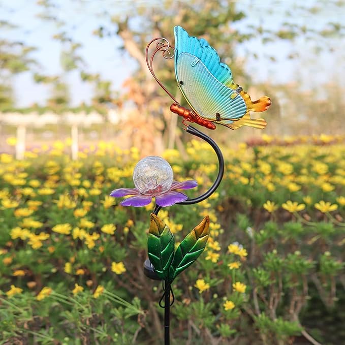 HONGLAND Solar Butterfly Garden Lights, Outdoor Lights Garden Decor for Outside, Flower Yard Decorations, Metal Yard Art for Patio Decor, Gifts for Mom-VerdiqueGarden