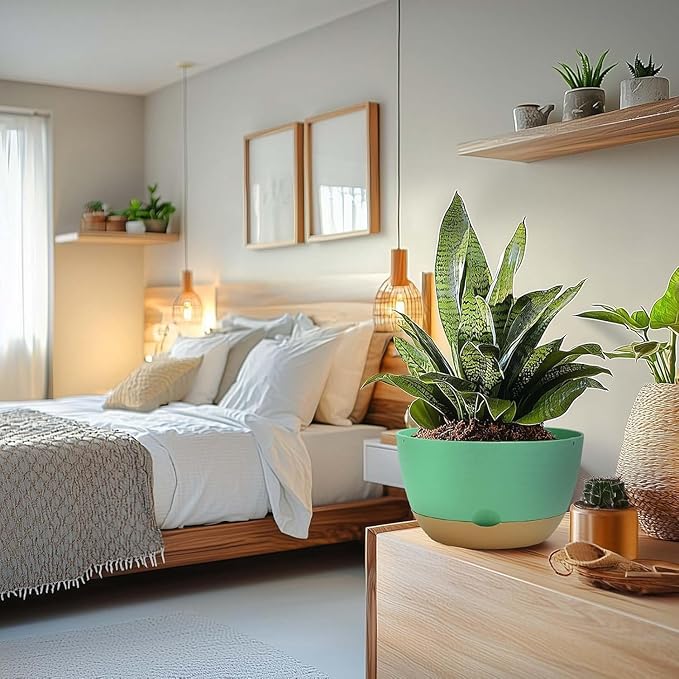 10 Inch Pots for Indoor Plants, Large Self Watering Planters with Drainage and Saucers, Plastic Outdoor Flower Pot, Set of 2, Green-VerdiqueGarden