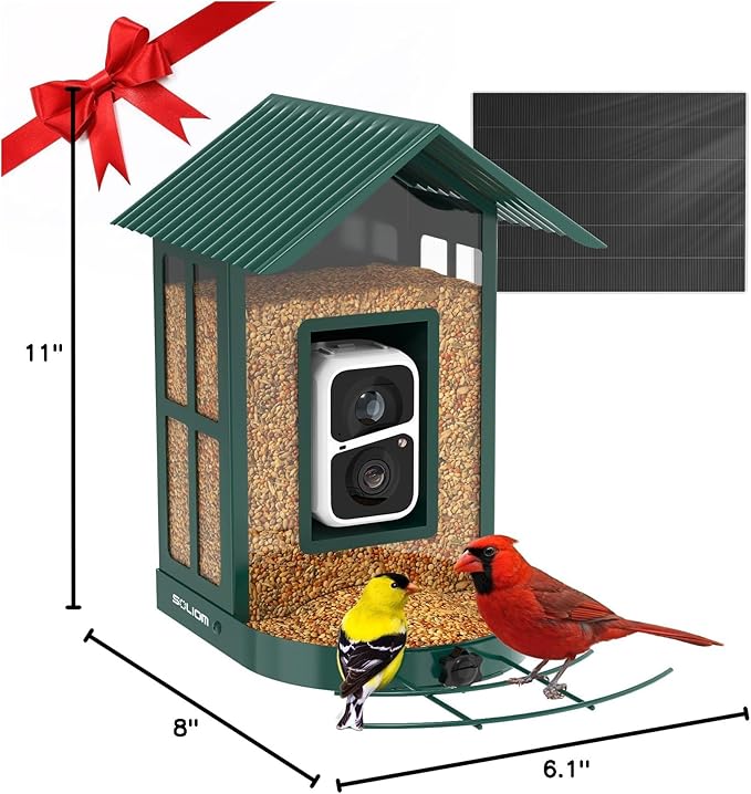 SOLIOM Solar Bird Feeder with Camera for Outdoors - AI Smart Birdhouse, 2K Live View & Instant Alerts, Squirrel Proof - Perfect Bird Watching Gift (Red)-VerdiqueGarden