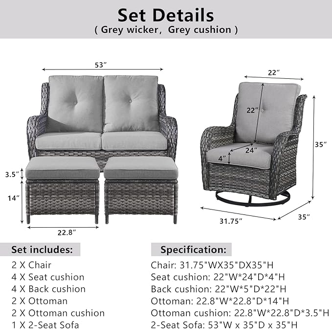5 Piece Outdoor Patio Furniture Set - Wicker Furniture Patio Conversation Set, Outdoor Swivel Rocker Chairs with Loveseat Sofa and 2 Ottomans for Small Space, Gray Cushion-VerdiqueGarden