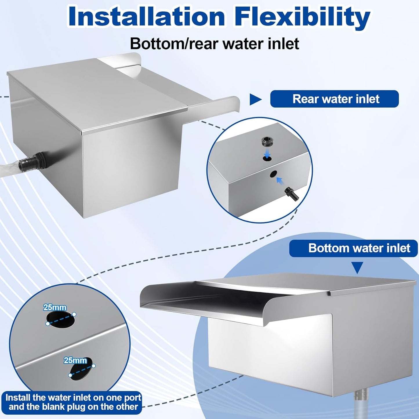 Pond Waterfall with Filter and Pump Kit, 304 Stainless Steel Waterfall Box for Ponds, 11.8in Spillway, 800 GPH Submersible Pump, 9.8' Hose, Sponge Filter, for Garden Pond, Water Feature, Aquaponics-VerdiqueGarden