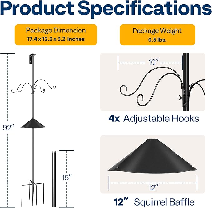 VIVOHOME 106 Inch Bird Feeder Pole, Heavy Duty Adjustable Bird House Stand Pole for Outdoor, Bird House Pole Mount Kit with 5 Prong-VerdiqueGarden