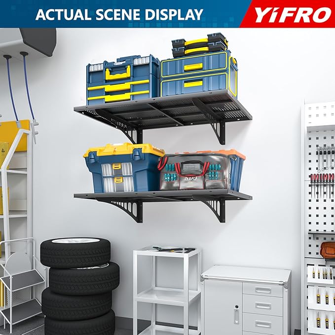 2-Pack 2x3ft Heavy Duty Garage Wall Shelving, 500 lbs Load Capacity, Garage Shelving Wall Mounted, Garage Storage Rack with Hooks, Black-VerdiqueGarden