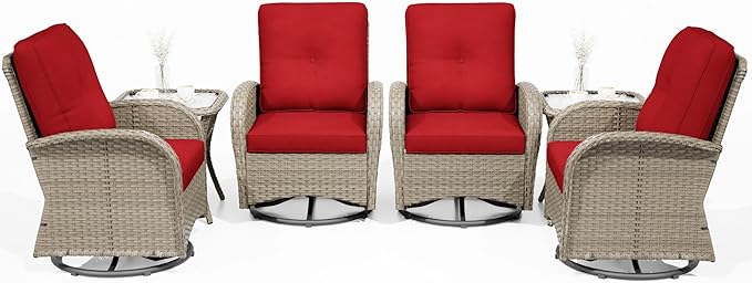 Joyside Outdoor Swivel Rocker Chairs, 6 Piece Wicker Patio Set with Thick Cushion and Side Table, Rattan Patio Swivel Rocking Chairs for Porch, Deck Use (Natural/Red, 6 PCS)-VerdiqueGarden