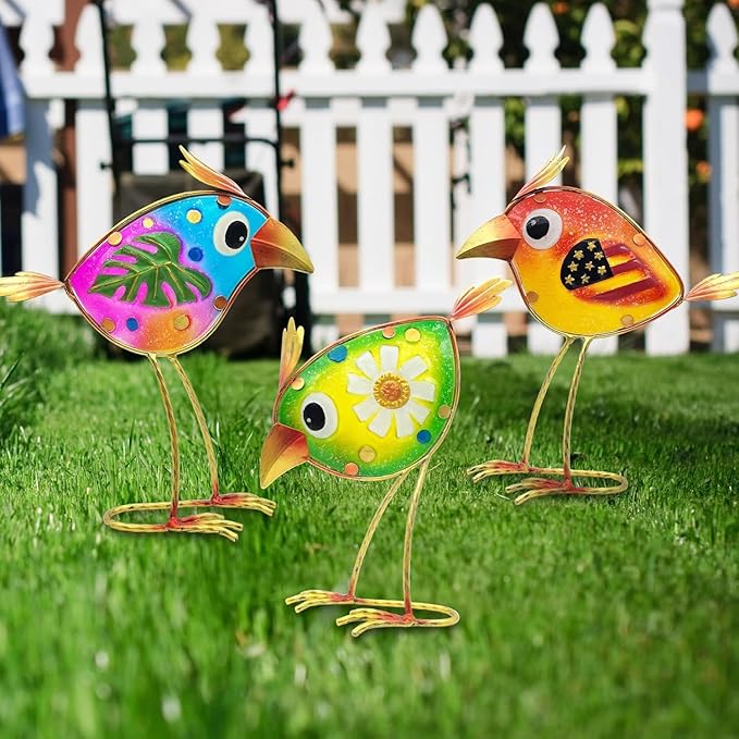 Birds Garden Decor for Outside: Metal & Glass Bird Yard Art, Craft Statue Lawn Ornaments for Outdoor, Housewarming Birthday Gifts for Women (3 PCS)-VerdiqueGarden