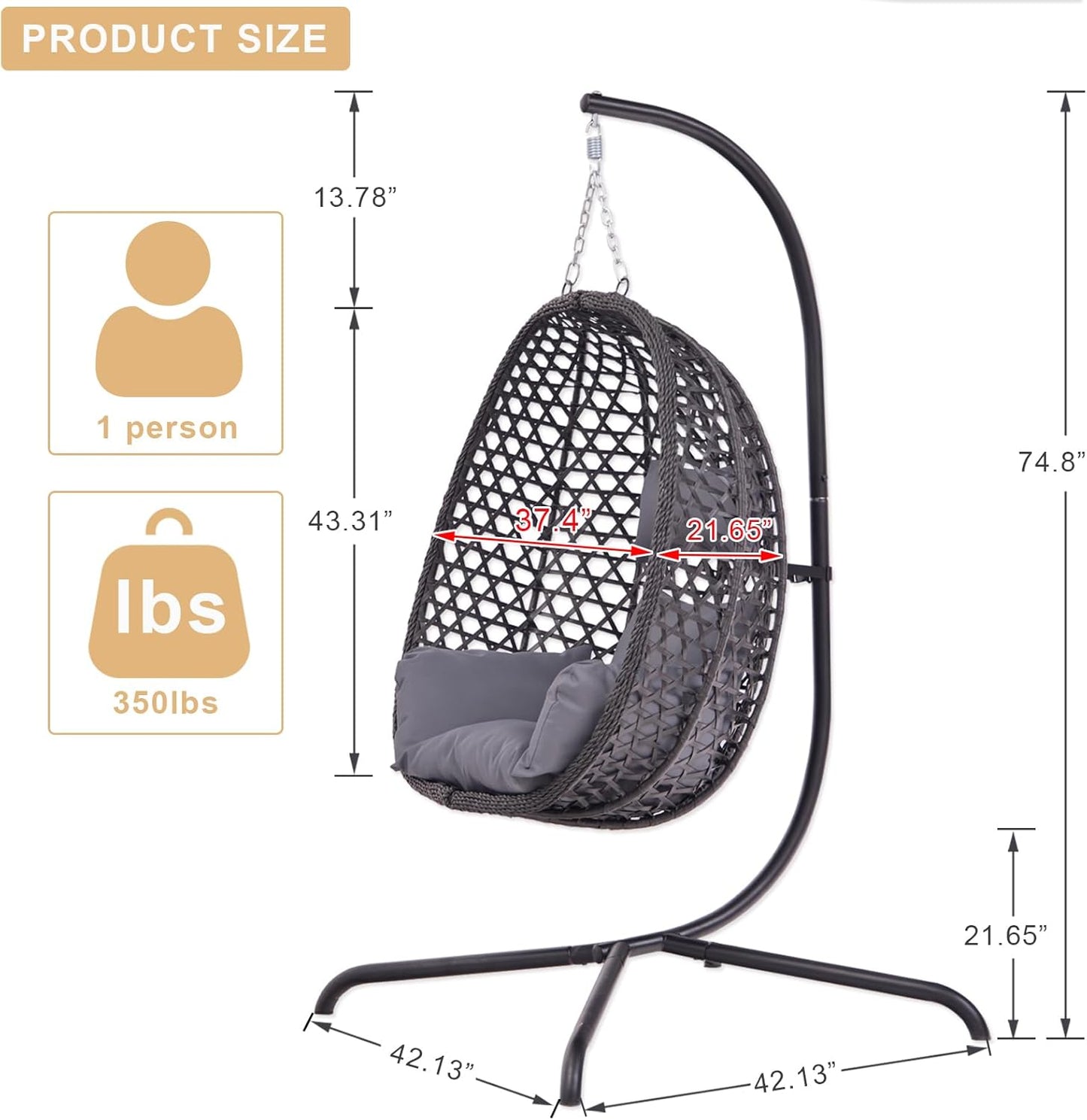 Indoor Hanging Chair with Stand for Bedroom, Hexagon Rattan Wicker Swing Egg Chair for Bedroom Porch Garden Patio Outdoor, Hammock Egg Swing Chair with Cushion,350LBS Capacity(Dark Grey)-VerdiqueGarden