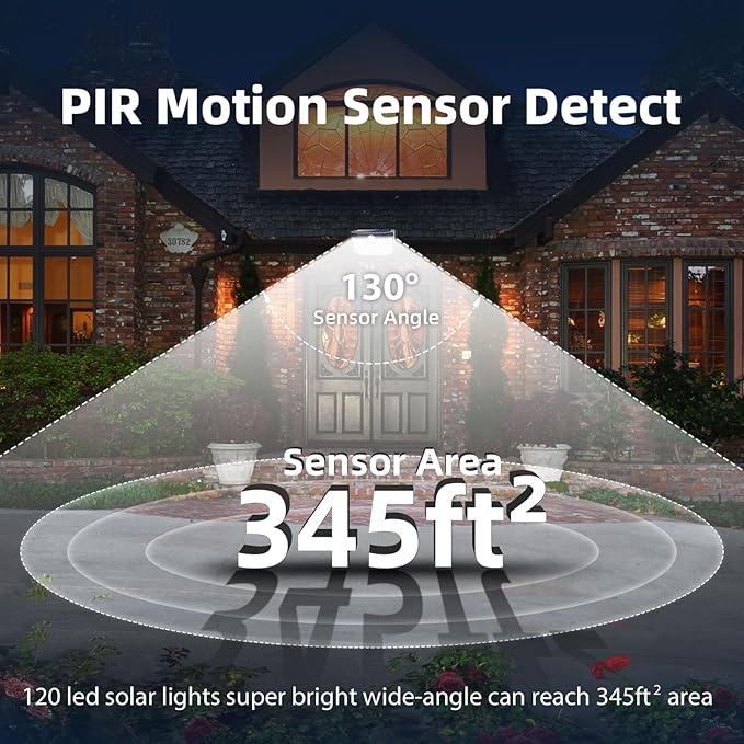 HMCITY 120 LED Outdoor Solar Lights with Motion Sensor and 3 Lighting Modes, IP65 Waterproof Wide Solar Wall Lights Ideal for Garden Patio Yard (Front Button 8Packs, Daylight White)-VerdiqueGarden