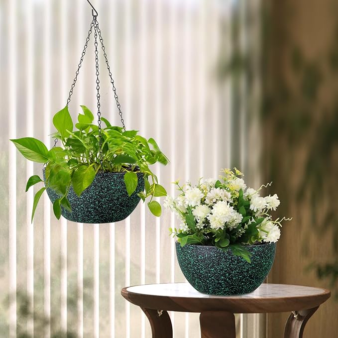 12 inch Large Hanging Planters for Indoor Outdoor Plants, 2 Pack Hanging Flower Pots with Drainage Holes and Chain, Plastic Hanging Baskets for House Plants, Black with Green Speckles-VerdiqueGarden