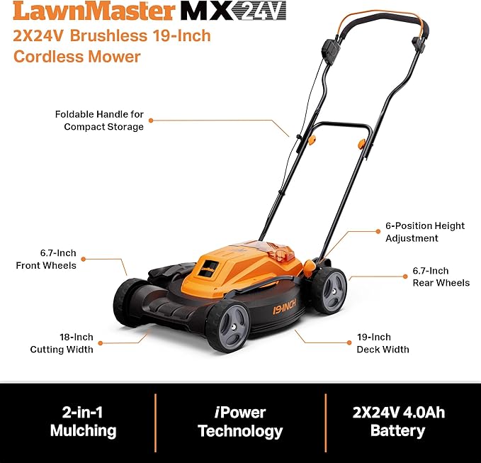 LawnMaster CLMF4819X 19-inch Brushless Cordless Mower with 2X24V MAX* 4.0Ah Battery and a Dual Charger 6 Cutting Position-VerdiqueGarden