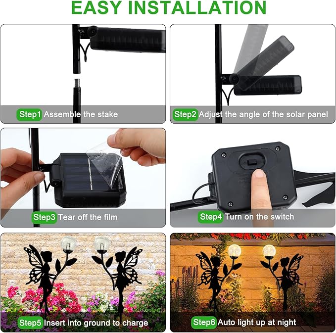 Ouddy Decor 2 Pack Solar Fairy Garden Decor, Metal Statues with Crackle Glass Globe Lights Silhouette Waterproof for Outdoor Lawn Patio Yard Pathway Home Decorations Gardening Gifts for Mother's Day-VerdiqueGarden