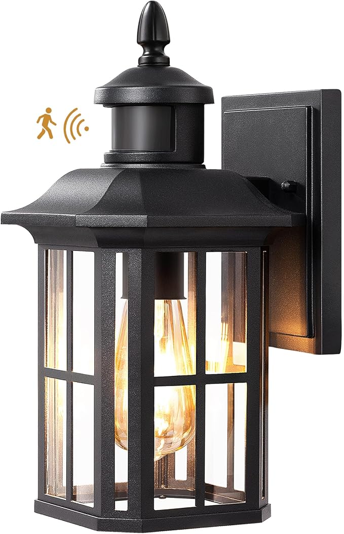EDISHINE Motion Sensor Outdoor Wall Light, Dusk to Dawn Front Porch Light Fixture, Outdoor Wall Sconce with Clear Glass, Black Exterior Wall Lantern for Door, Garage, Patio, House-VerdiqueGarden