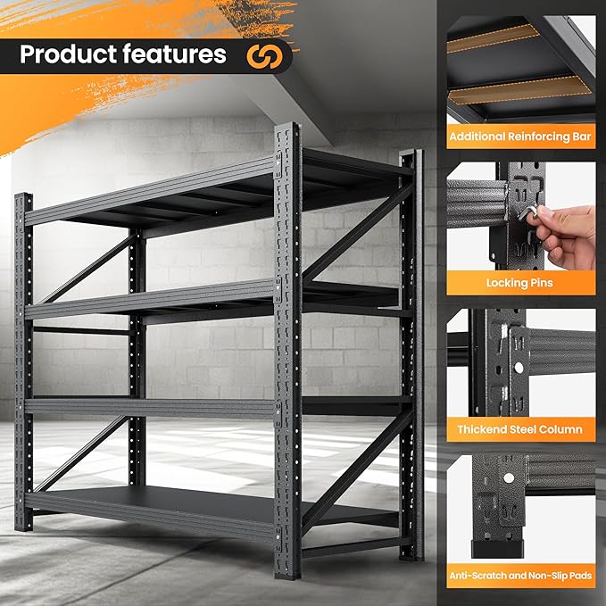 3000LBS Metal Storage Shelves, 48” W Heavy Duty Garage Shelving Units, 4 Tier Storage rack shelf, Steel Industrial Shelving , Adjustable Standing Shelf for Basement/Warehouse 48"W x 24"D x 70"H, Black-VerdiqueGarden