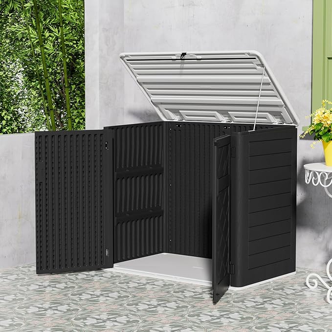 Resin Outdoor Storage Shed, 38 cu.ft Outdoor Storage Box Waterproof for Garden Tools, Patio Furniture, Trash Cans, Garage Storage, Lockable (Black)-VerdiqueGarden