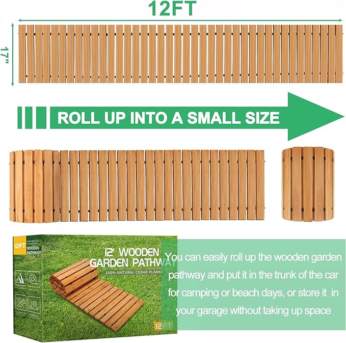 RELIANCER 12' Wooden Garden Pathway,Outdoor Roll Out Cedar Straight Walkway,Patio Path Decorative Garden Boardwalk Walkways,Weather-Resistant Roll Up Beach Wood Road Floor,Wedding Party Pathways-VerdiqueGarden
