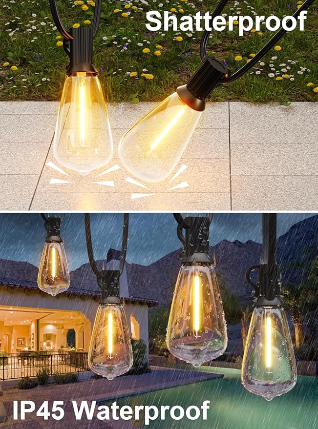 GPATIO 120FT Outdoor String Lights, Waterproof Patio Lights with 64 Hanging Lights ST38 Bulbs, 2700k Shatterproof for Backyard Gazebo Porch Garden Outside Decor-VerdiqueGarden