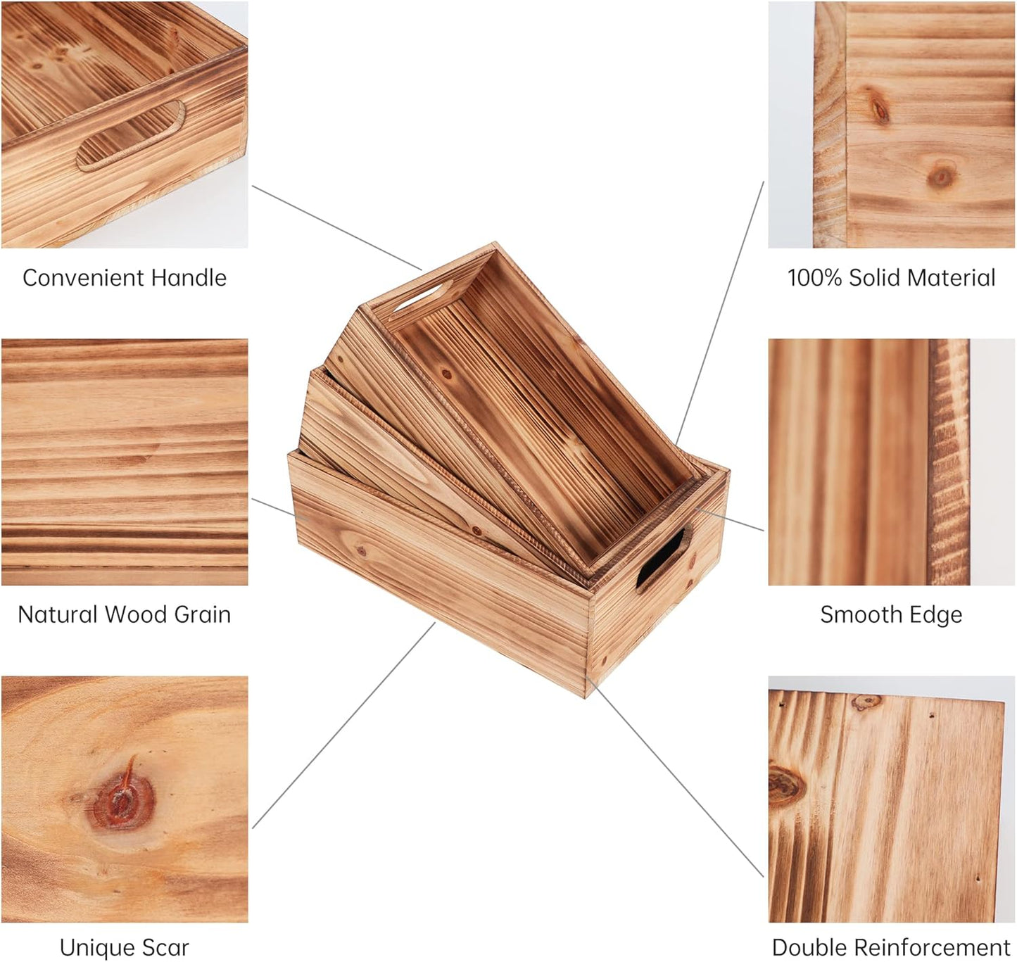 PHOENANCEE Wood Crates For Display,Rustic Crate Storage Decorative Boxes Set of 3,Wooden Nesting Box with Handles Farmhouse Container Basket Bin Home Decoration,Solid Pine,L+M+S-VerdiqueGarden