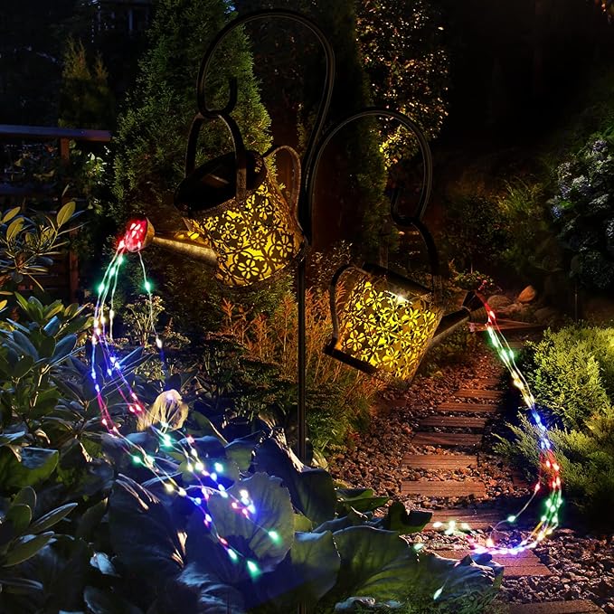 MEREAR Solar Watering Can Lights Outdoor with 8 Multi-Color Changing Modes, IP65 Waterproof Landscape Light Garden Decor, One Pole Two Lights Outside Decorations for Lawn, Backyard, Patio, Chrismas-VerdiqueGarden