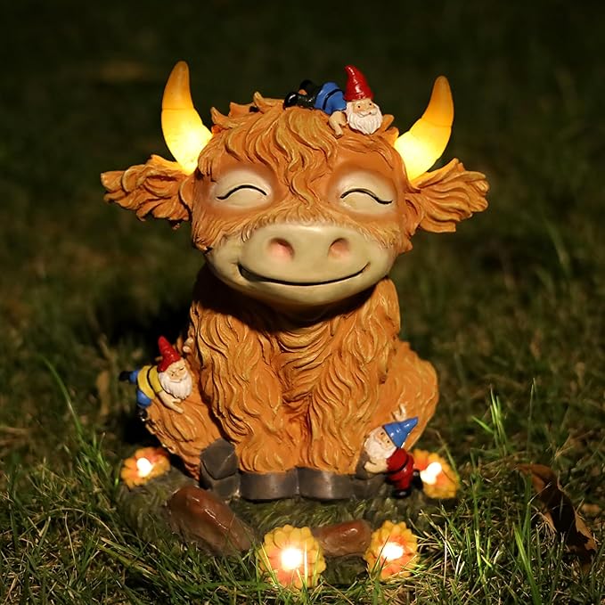 Solar Garden Statue Highland Cow Figurine with Funny Gnomes Garden Outdoor Decor for Yard Patio Lawn Christmas Housewarming Gifts for Women,Mom,Grandma-VerdiqueGarden